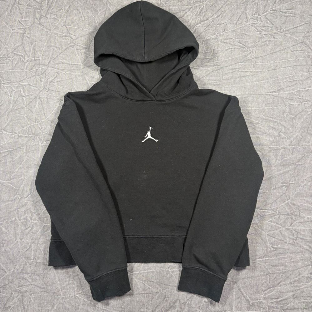 Jordan Hoodie Youth Medium Black Jumpman Logo Cropped Fleece Pullover A858-023